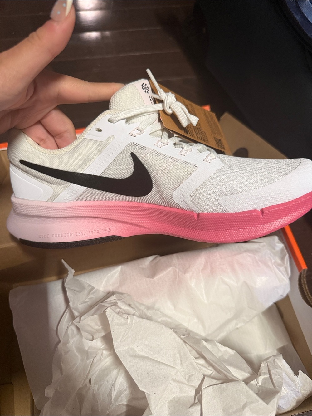 Nike Women's White Pink Running Sneakers with Black Swoosh